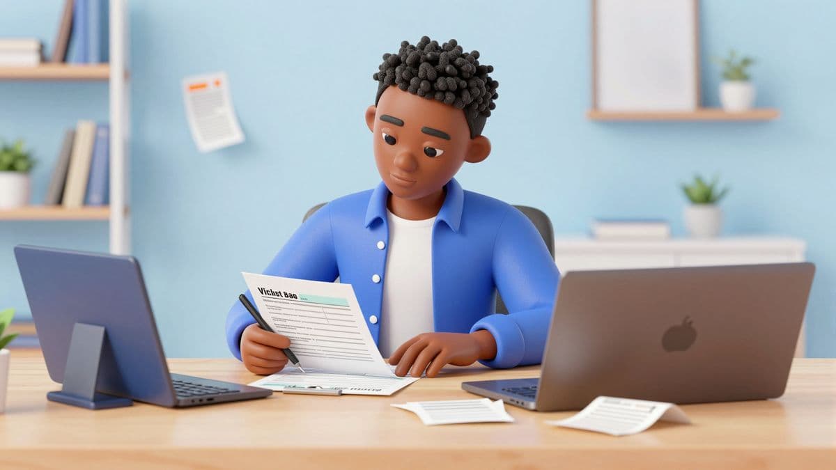 Illustration of a founder reading a registration document at a desk.