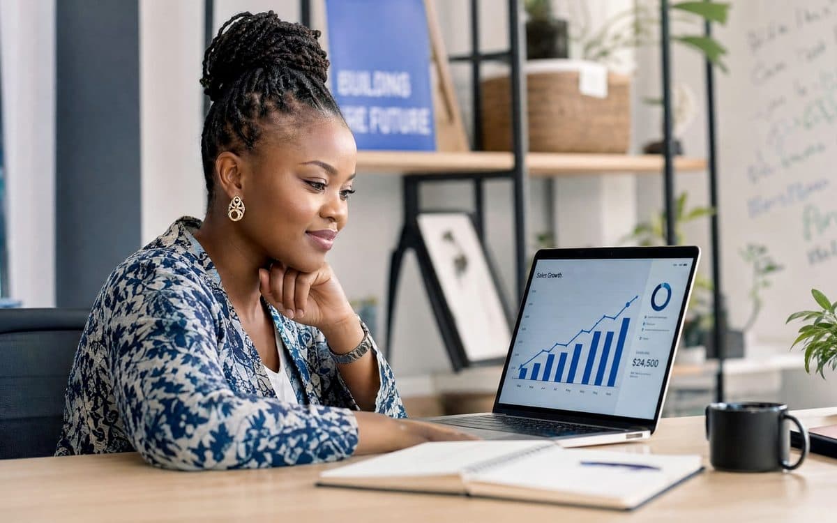 An African founder at her desk reviewing a rising sales growth chart on her laptop.