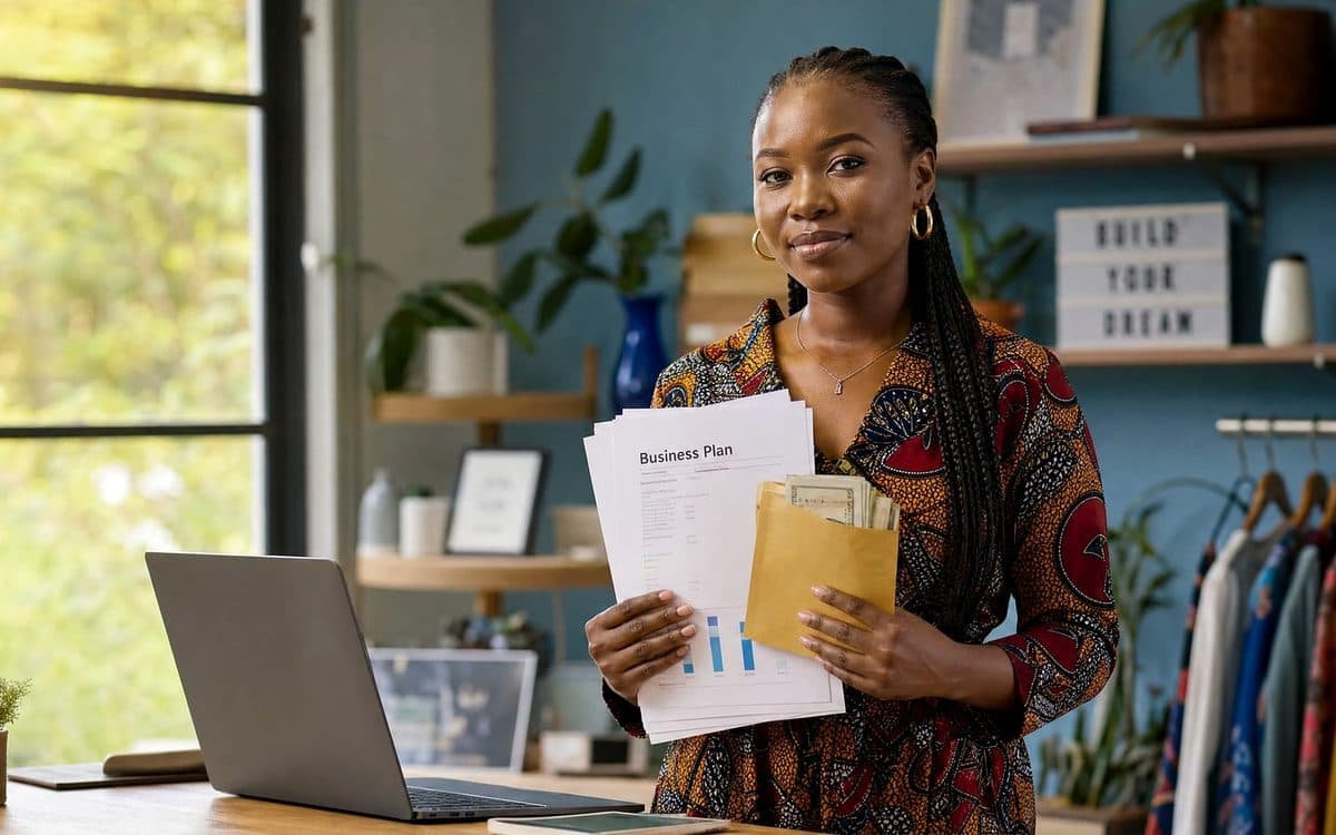 An African entrepreneur receiving her first business grant funds.