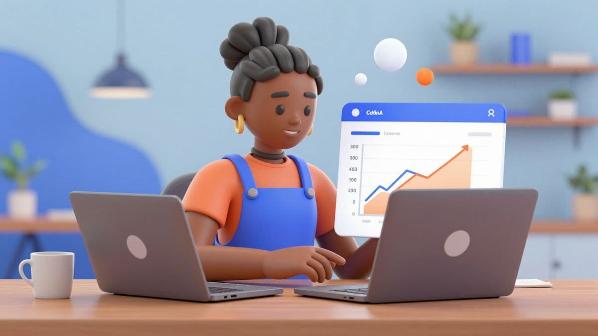 Illustration of a founder at a laptop reviewing a sales dashboard.