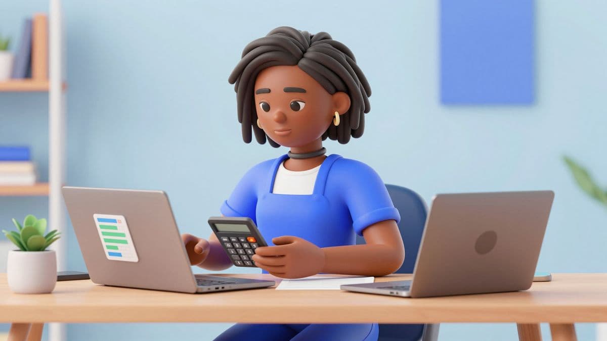 Illustration of a founder working through accounts with a calculator and laptop.