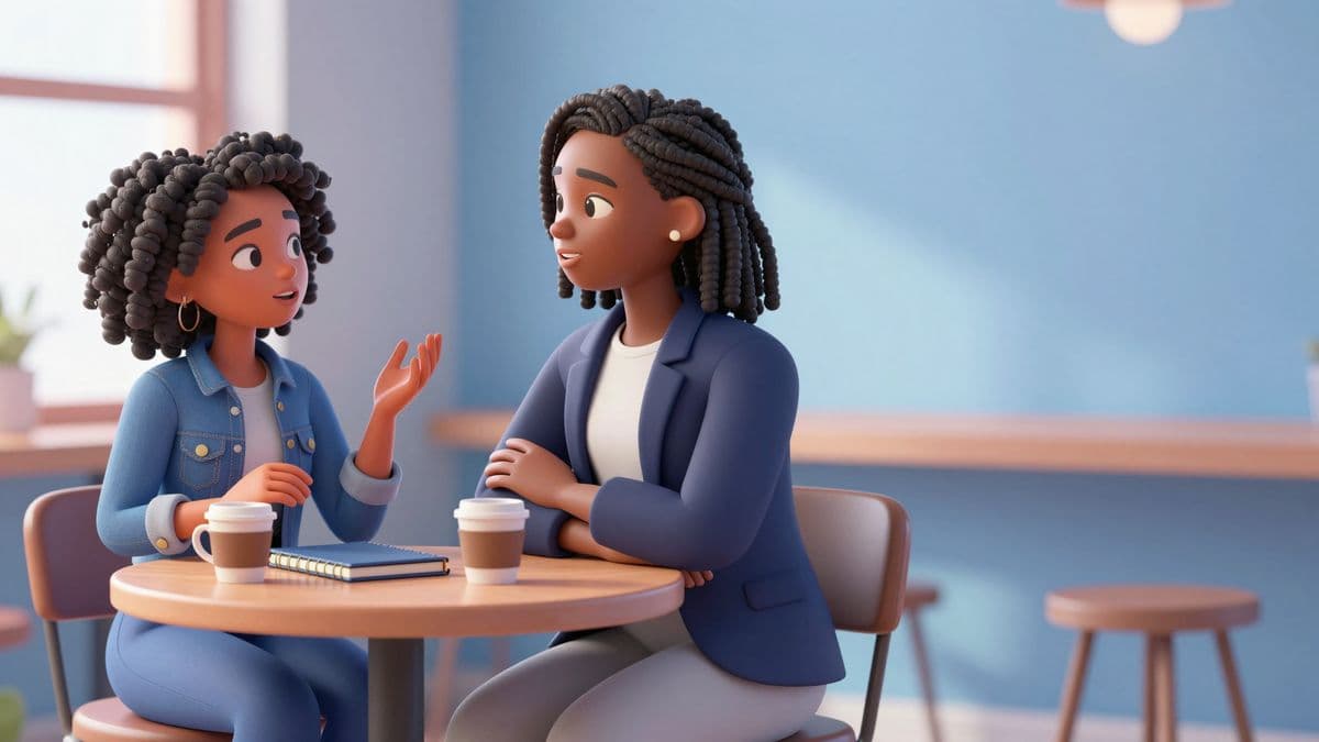 Illustration of a mentor and founder in conversation over coffee.