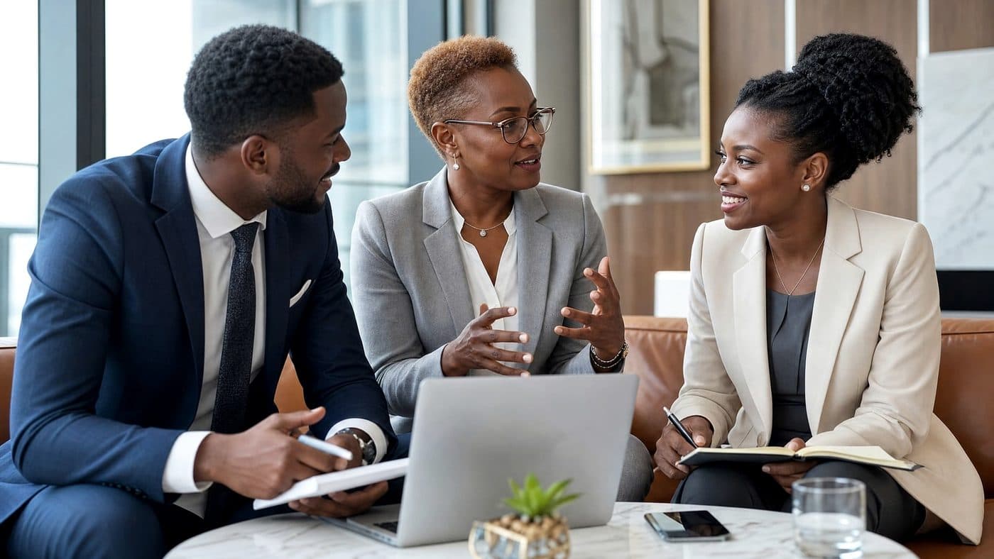 Three professionals talking through a plan around a laptop.